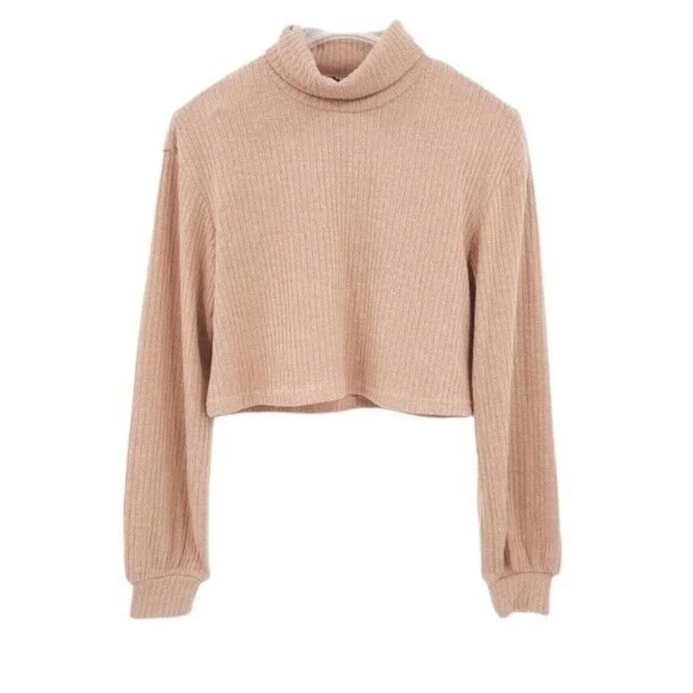 Shein Camel Tan Beige Ribbed Knit Cropped Turtleneck Top Balloon Sleeves S